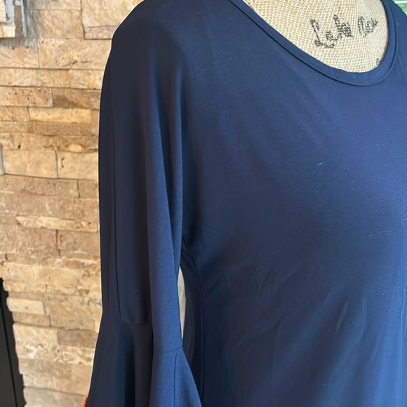 Judith March navy straight line dress 3/4 orange crochet bell sleeves lined boho - Picture 3 of 16